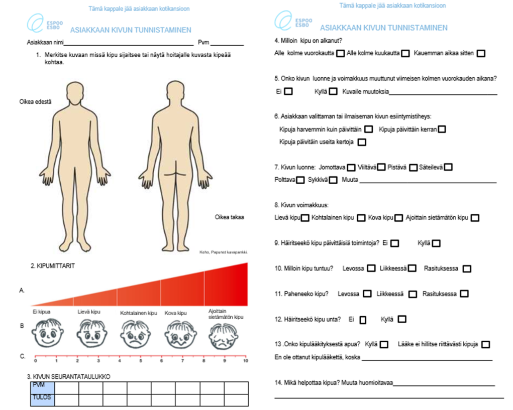Asiakkaan kivun tunnistaminen -lomake.