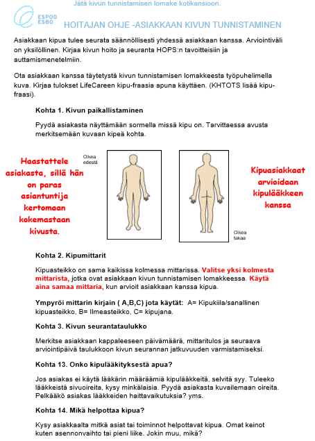 Hoitajan ohje kivun tunnistaminen -lomake.
