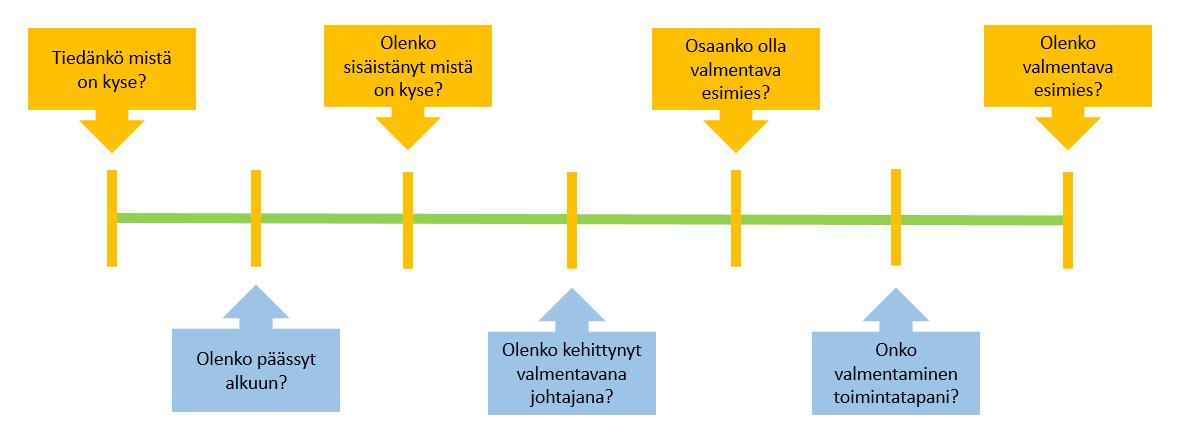Kuviossa valmentavan johtamisen jana kohdeorganisaatiossa