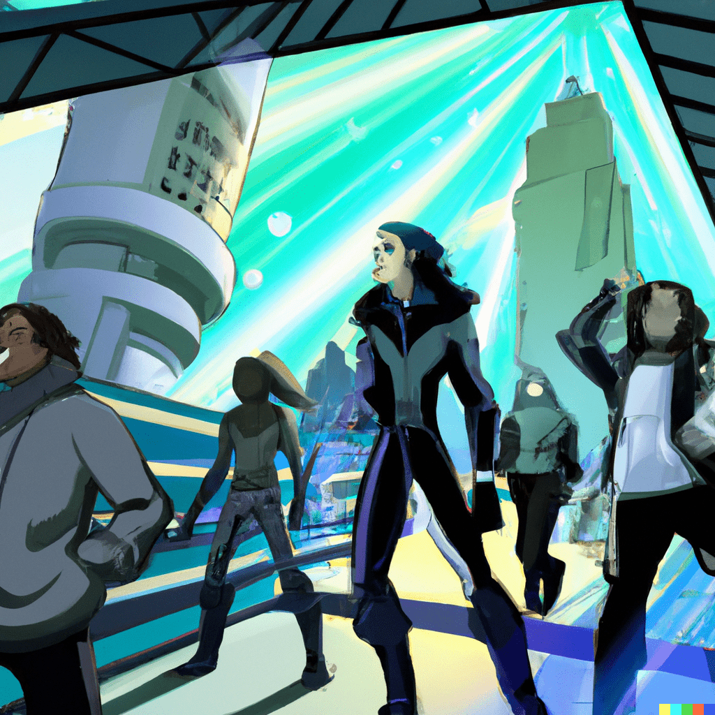Tekoälyn generoima kuva, jossa piirrettynä ryhmä iloisia ihmisiä futuristisessa kaupunkimaisemassa.