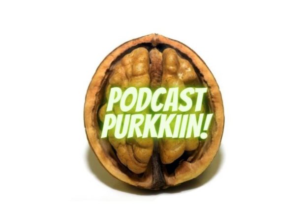 Kuvituskuva pähkinänkuoresta, päällä teksti “Podcast purkkiin!”