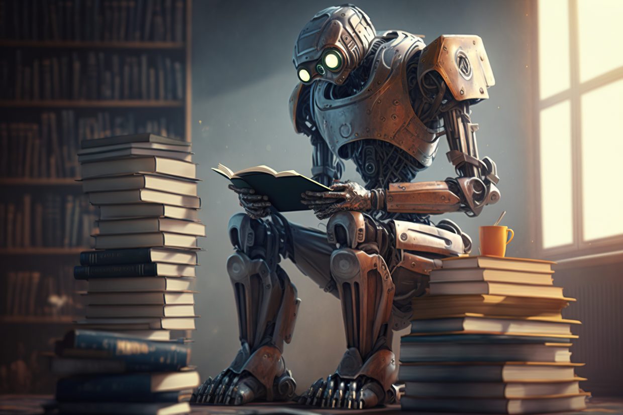 Robotti istuu pöydän ääressä ja lukee kirjaa, joka kuvastaa älylaitteiden ja tekoälyn oppimisen tapaa. Kuva on luotu hyödyntämällä generoivaa tekoälyä.