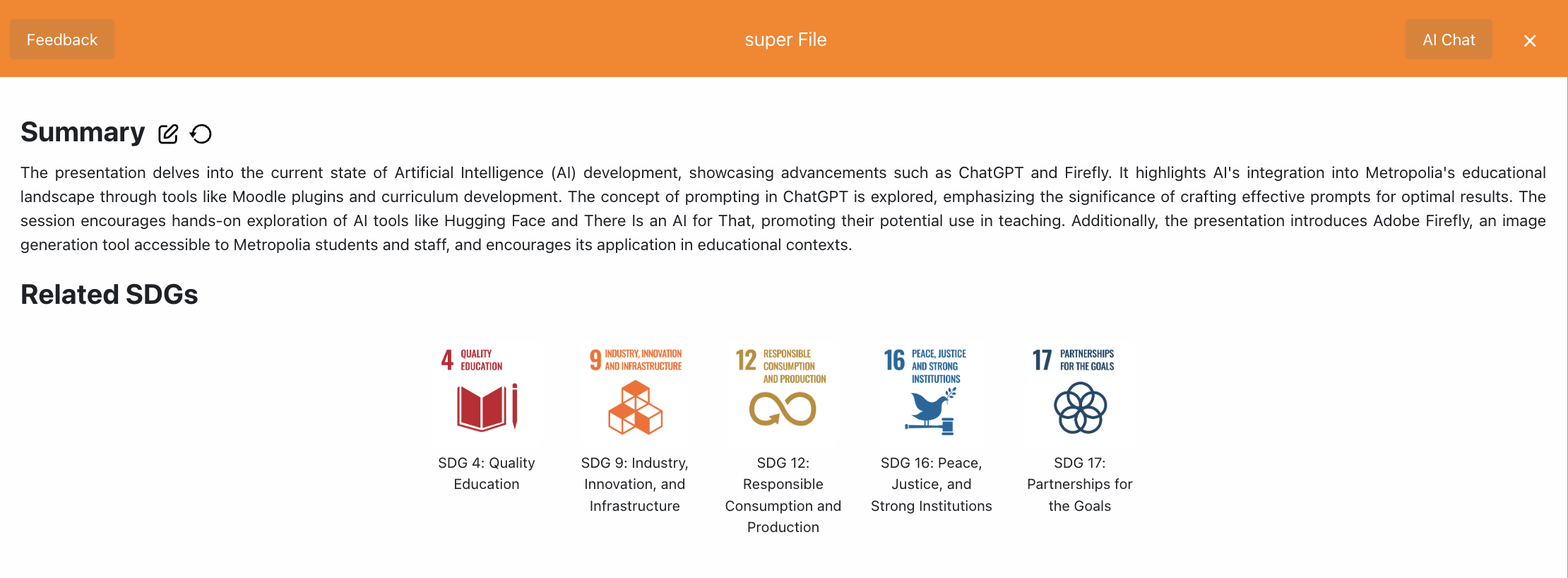 A screenshot of the Moodle plugin. The screenshot shows an AI generated summary of slides and an AI analysis on related SDGs. For these slides, the AI had identified 5 related SDGs.