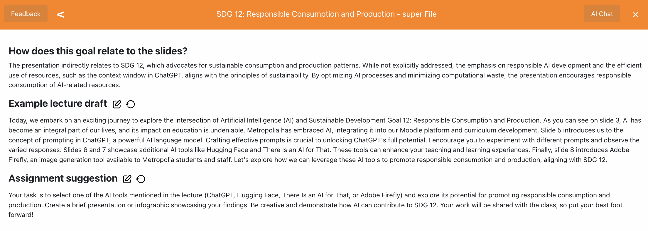 A screenshot of the Moodle plugin. The user has selected SDG 12 for a further analysis. The AI has generated a reasoning why this SDG is relevant for the slides, how to talk about it in class and what kind of an assignment to give the students.