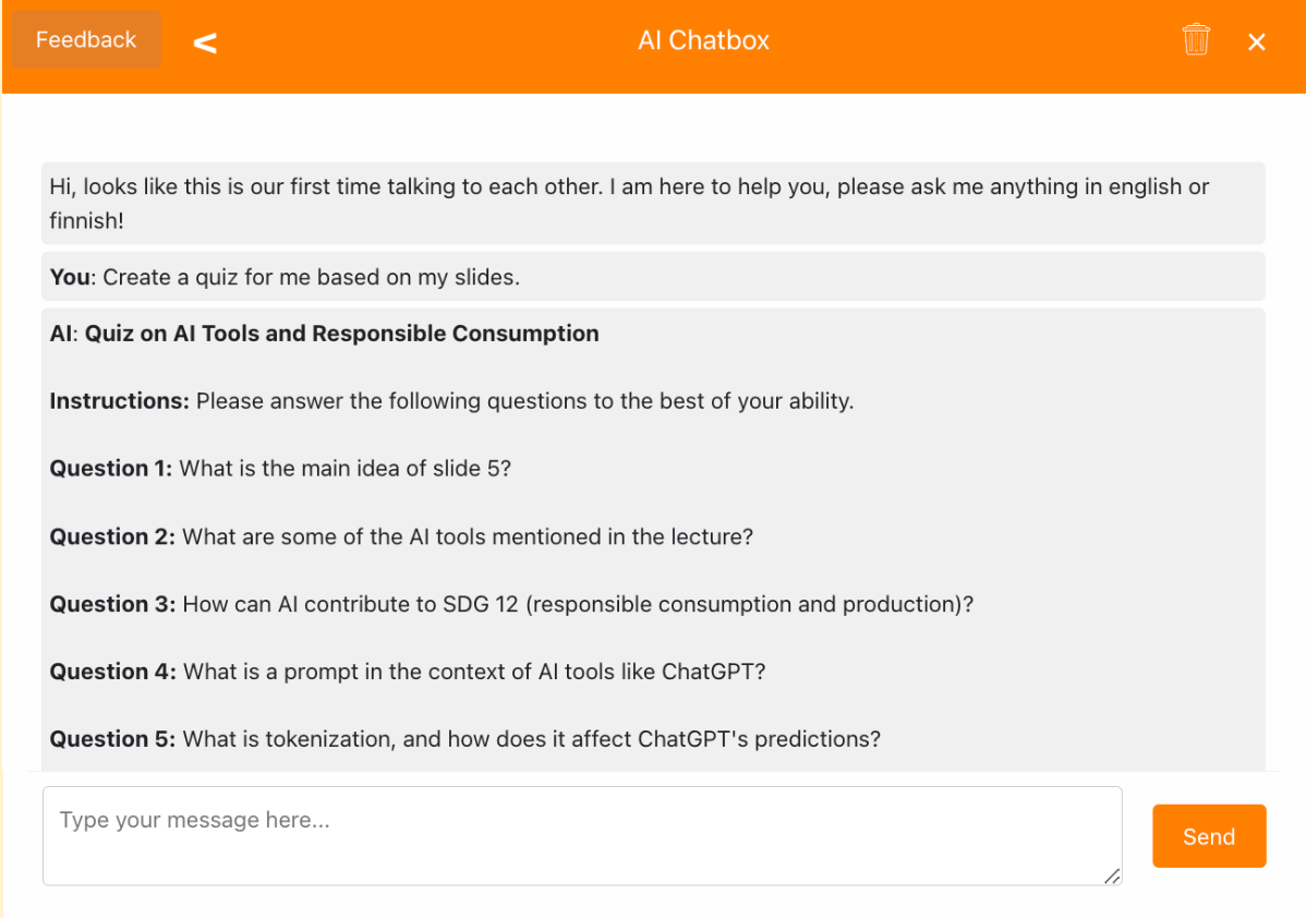 A screenshot of the Moodle plugin. The user has initiated a chat with the plugin. The user requested for a quiz based on their slides. The AI responded with a set of questions to ask the students.