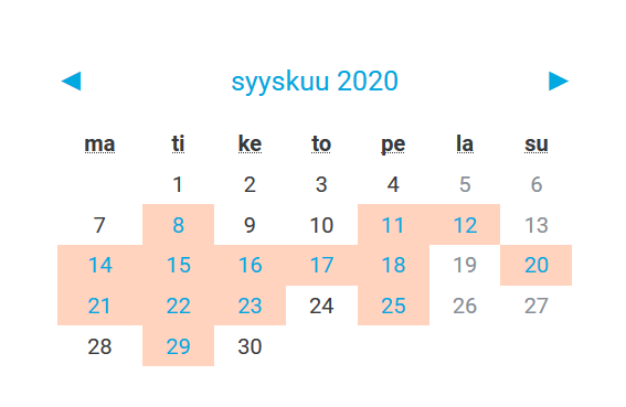 Kuvio 2. Oppimisalustana hyödynnettävän Moodlen syyskuun 2020 kalenterissa on merkitty kaikki ne päivät jolloin opiskelija työskentelee aktiivisesti.