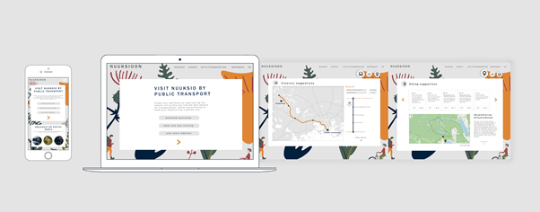 Kuvakaappaukset Reitti Nuksioon -sovelluksesta mobiililaitteella ja tietokoneella. Näytöillä näkyy esittelytekstejä sekä reitteja kartoilla.