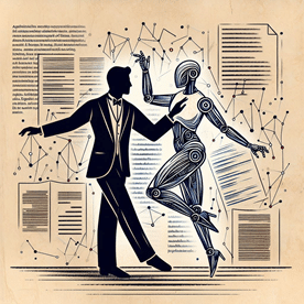 Kuva: Designer. Tekoälyllä teetetyssä kuvassa kirjoittaja ja tekoäly tanssivat yhdessä tekstien kanssa.