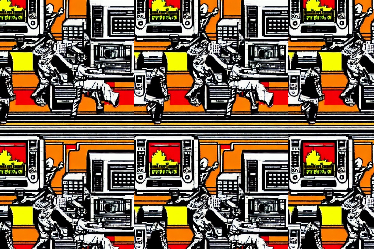 Digitaidetta harmaan, oranssin ja keltaisen sävyissä.