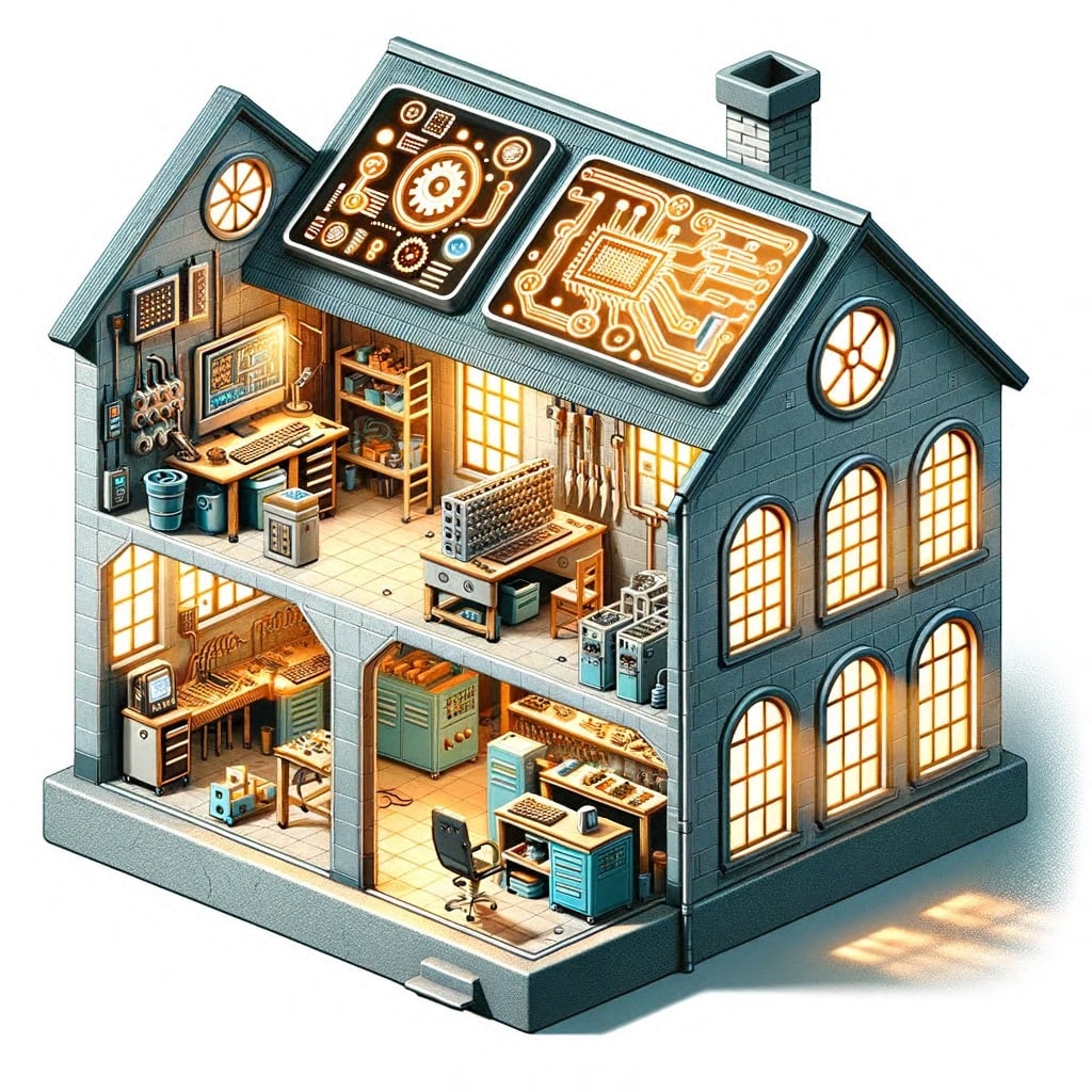 Tekoälyllä generoitu piirroskuva kaksikerroksisesta harjakattoisesta talosta, jonka aukinaisesta seinästä näkee nukkekotimaisesti sisälle, steampunk-henkisiä tietokoneita ja kalustusta.