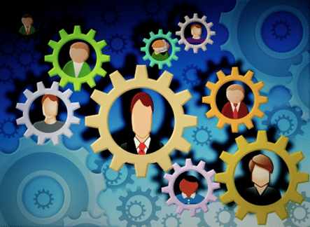 Piirretty kuva, jossa on erikokoisia rattaita ja niiden sisällä ihmiskasvoja.