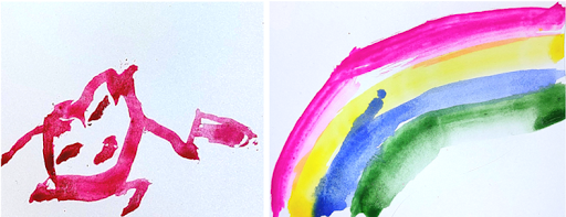 Kaksi vesiväreillä maalattua lapsen tekemää teosta. Toisessa on punainen yksinkertaisilla viivoilla piirretty ihmishahmo ja toisessa sateenkaari, jossa pinkki, keltainen, sininen ja vihreä raita.