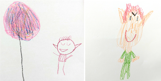 Kaksi lapsen puuväreillä piirtämää kuvaa ihmisestä. Molemmilla ihmisillä on leveä hymy. Toisella ihmisellä on päällä punainen paita, toisella vihreä. Toinen näyttää hieman hammaspeikolta.
