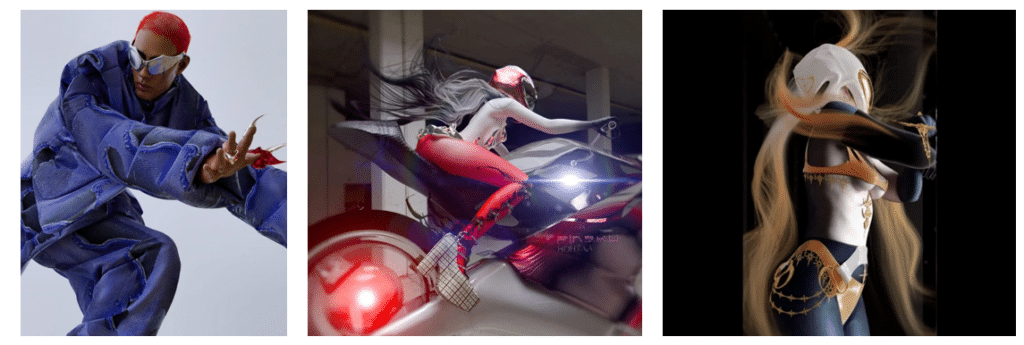 3 kuvan jana. Vasemmalla kuva miehestä, jolla on oranssi siilitukka ja kirkaan sininen untuvatakki päällä. Kuva esittää digitaalista virtuaalimuotia. ,Kuva digitaalisesta taideteoksesta, jossa nainen ajaa moottoripyörällä. Kuva esittää virtuaalimuodin ilmiötä. Keskellä kuva moottoripyörällä avajasta naisesta, jonka yllä on punaiset tiukat housut ja tolppakantaiset bootsit. Kuva esittää virtuaalimuotia. Oikealla on uva kypäräpäisestä naisesta, jonka yllä on mustat sukkahousut ja ruskeat bikinit. Kuva esittää virtuaalimuotia.