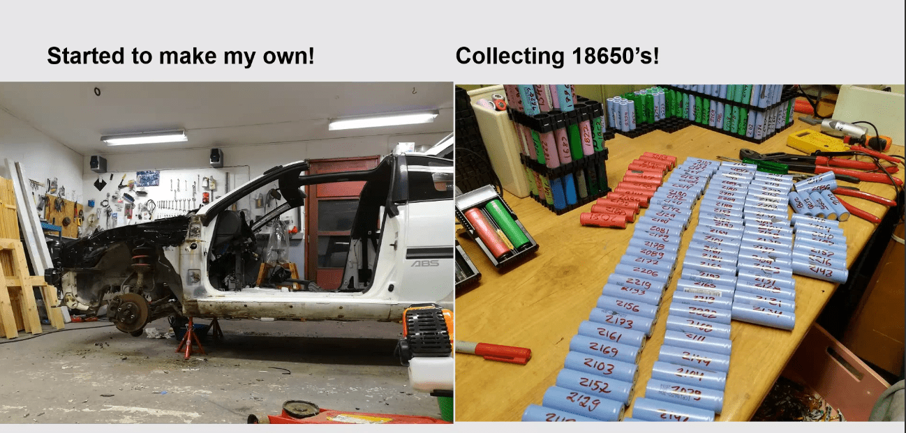 Daniel´s garage and his first attempts to assemble his own electric battery.