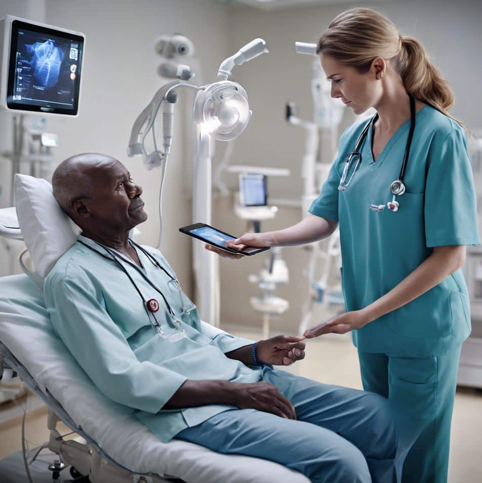 Terveydenhuollon ammattilainen huolehtimassa potilaasta innovatiivisen teknologian välityksellä, skannaamalla potilaan elintoimintoja mobiililaitteen avulla.