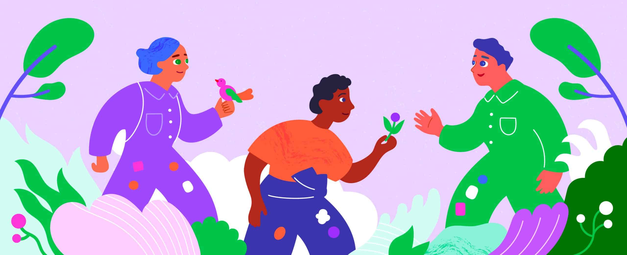 Kolme värikästä, piirrettyä ihmishahmoa seisomassa vaaleanlilan taustan ja piirretyn kasvillisuuden keskellä.