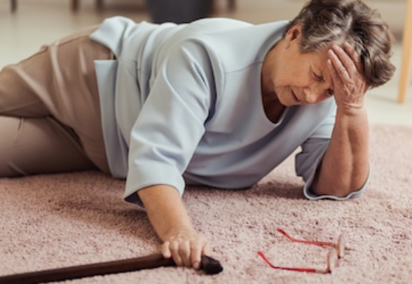 nainen makaa lattialla kaatuneena