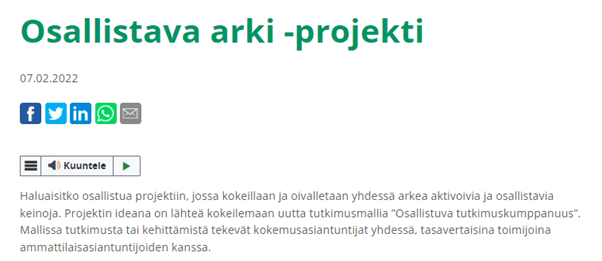 Osallistava arki -projekti -teksti ja sosiaalisen median ikonit.
