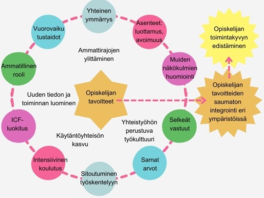 Kuvio opiskelijan tavoitteista, keskellä tähti, ympärillä ympyrän muodossa tavoitteet.