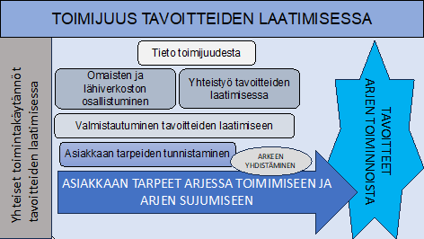 Kuvio toimintakäytännöistä asiakkaan tarpeita vastaavien tavoitteiden laatimiseen tavoitteiden arkeen yhdistymiseksi. 