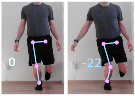 Mies kyykistyy yhdellä jalalla kahdessa kuvassa, toisessa polvi on suoraan eteenpäin, toisessa kääntynyt hiukan sisäänpäin