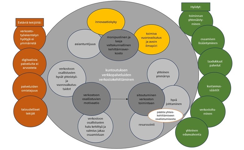 Kuviossa ison pallon sisällä ja reunoilla pienempiä palloja, joissa tekstejä kuntoutuksen verkkopalveluiden verkostokehittämisestä.