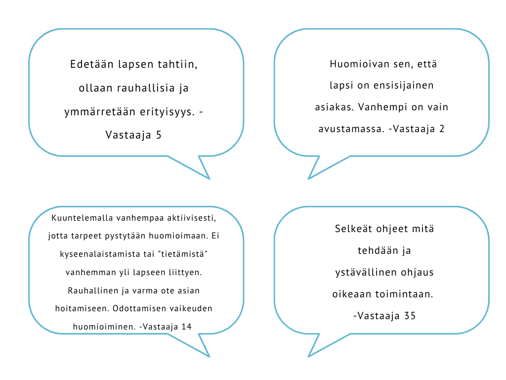 Erityislasten huoltajien kommentteja asiakaspalveluun liittyen. Vastaaja 5 kommentoi: “Edetään lapsen tahtiin, ollaan rauhallisia ja ymmärretään erityisyys.” Vastaaja 2 kommentoi: “Huomioivan sen, että lapsi on ensisijainen asiakas. Vanhempi on vain avustamassa.” Vastaaja 14 kommentoi: “Kuuntelemalla vanhempaa aktiivisesti, jotta tarpeet pystytään huomioimaan. Ei kyseenalaistamista tai “tietämistä” vanhemman yli lapseen liittyen. Rauhallinen ja varma ote asian hoitamiseen. Odottamisen vaikeuden huomioiminen.” Vastaaja 35 kommentoi: “Selkeät ohjeet mitä tehdään ja ystävällinen ohjaus oikeaan toimintaan.” 