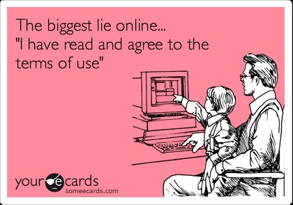 Kuvituskuva tekstillä The biggest lie online..."I have read and agree to the terms of use".