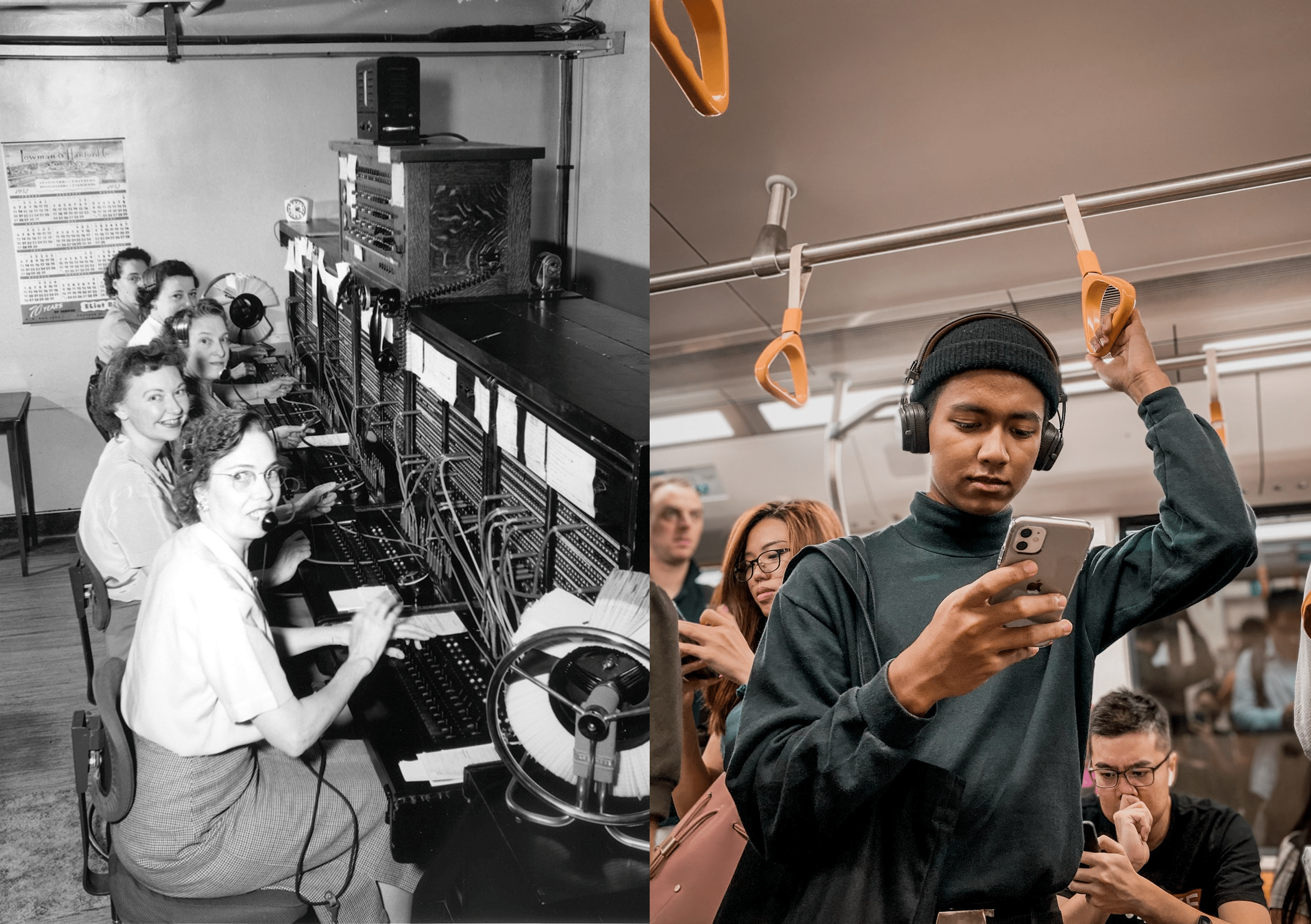 Kuvituskuvilla esitetään siirtymää vuoden 1952 käsivälitteisestä puhelinvälityksestä tekoälyajan liikkuvaan ja paikasta riippumattomaan kommunikointiin.