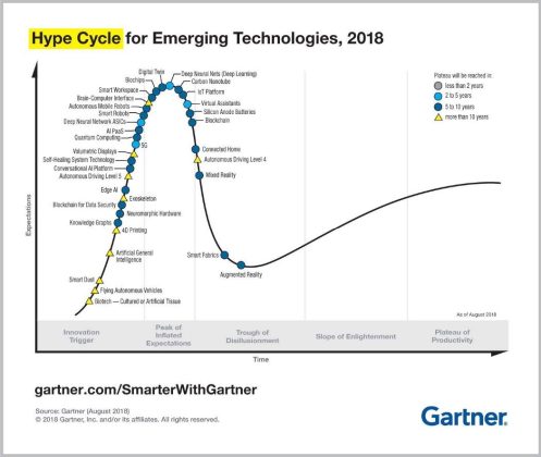 Gartnerin hypekäyrän avulla arvioidaan vuosittain, missä kehitysvaiheessa eri nousevat teknologiat ovat ja kuinka kauan menee siihen, että teknologia alkaa ’mureutumaan’ ja ’kypsymään’ asteelta raw medium well done -asteelle. Vuonna 2018 Digital Twin oli hypekäyrän huipulla.