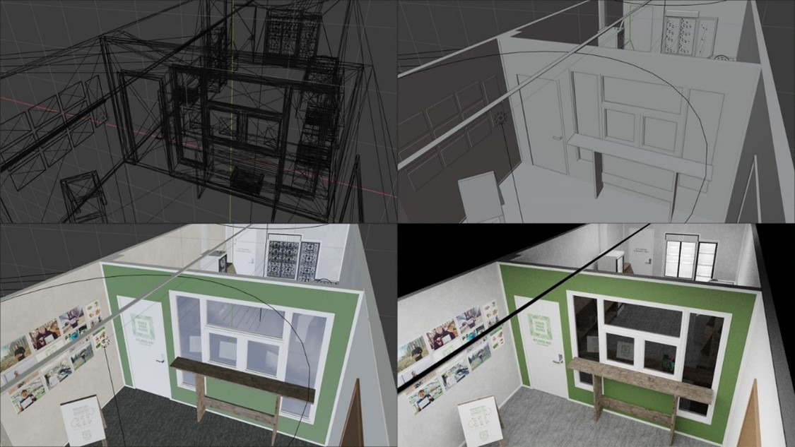 Neljä kuvakaappausta virtuaalimallista.