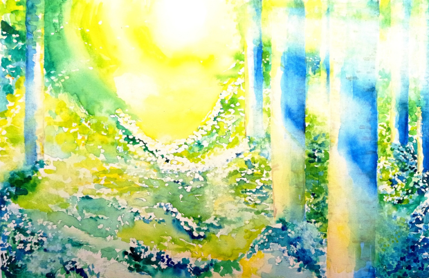 Jenna Tonterin akvarellimaalaus Toipuva metsä (2022), jossa on ilmaistu heränneitä ajatuksia muuttuvan ilmaston vaikutuksista luontoon.
