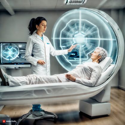 Futuristic image from healthcare where patients are not touched. Supersonic scanning technology has been used in examinations.