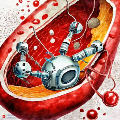 realistic image of nanorobots in blood vessel lumen; futuristic healthcare context; digital art. 