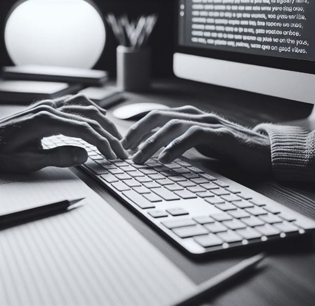 Kuva: Designer. Näppäimistöllä kilpailevat kirjoittajan ja avustajan sormet.