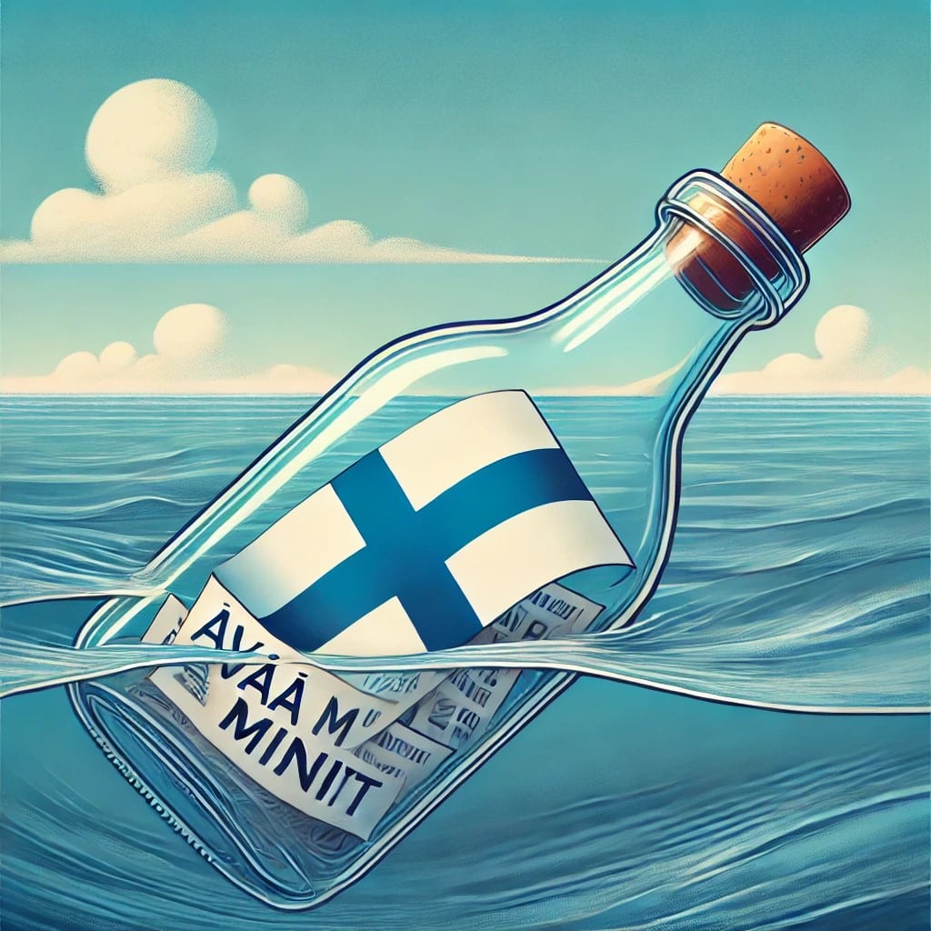 Tekoälyn generoima kuva, jossa kirkas lasipullo kelluu meren pinnalla, sisällä Suomen lippu ja viestinä teksti Avaa minut.