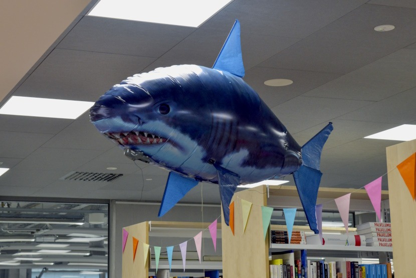 Sininen hainmuotoinen ilmapallo lentää kirjahyllyjen luona