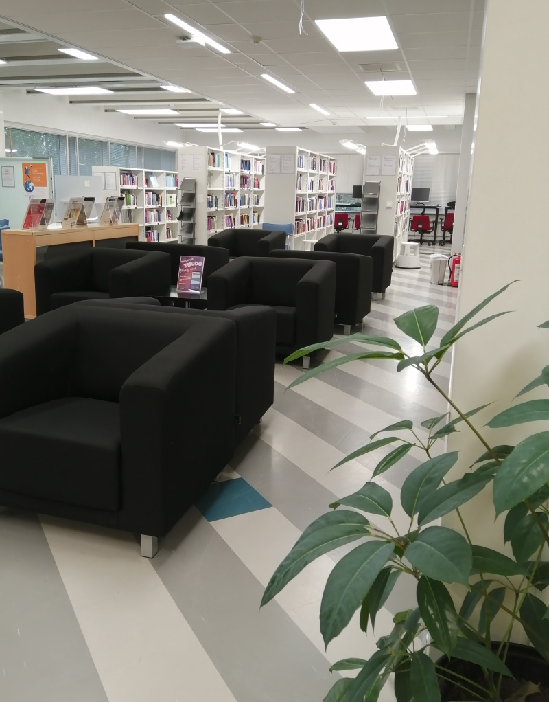 Nojatuoleja ja kirjahyllyjä sekä kasvi Karamalmin kampuksen kirjastossa.