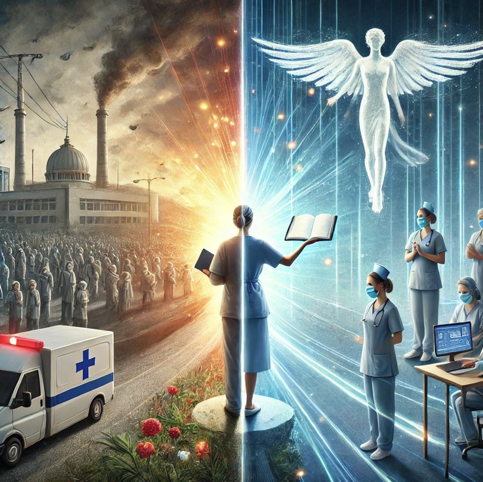 Tekoälyn tuottama kuva, promptilla From disruption to innovation in nursing and midwifery: Celebrating and driving outcomes through education