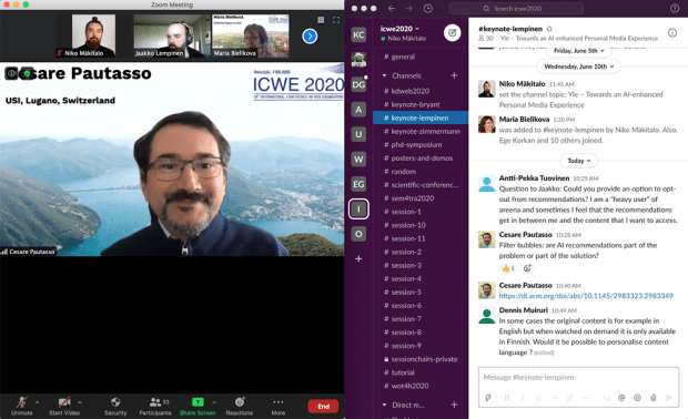 online webinar screenshot, up row faces in webstream, in the middle speaker webstream, male, glasses, moustache, on right chat screen texts