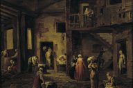 Tumma maalaus 1700-luvulta, kaupunkiaukion näkymässä ihmishahmoja