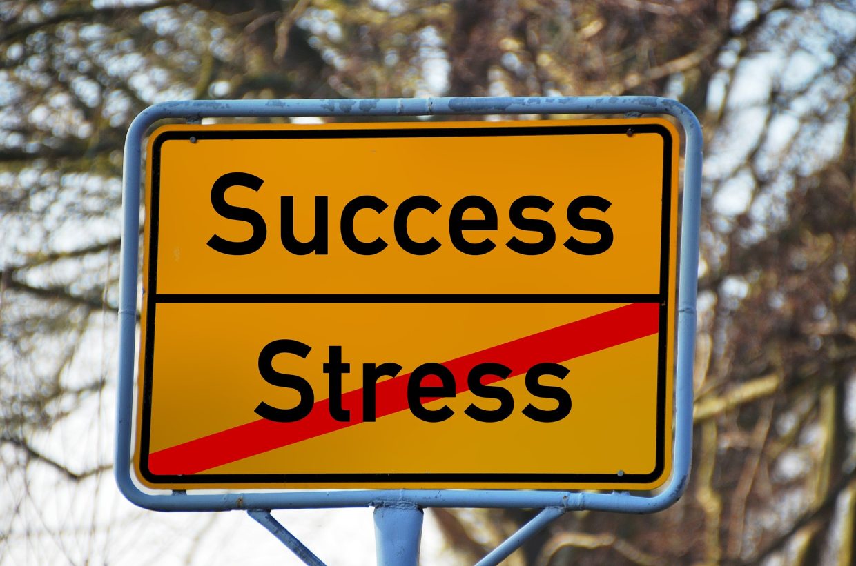 Lähikuva kyltistä, jossa keltaisella pohjalla mustalla sanat Success ja Stress, Stress yliviivattu punaisella viivalla.