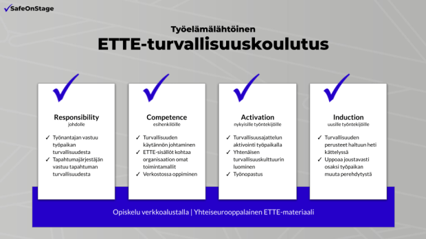 SafeOnStage Työelämälähtöinen ETTE-turvallisuuskoulutusmalli: Responsibility johdolle - Competence esihenkilölle - Activation nykyisille työntekijöille - Induction uusille työntekijöille
