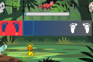 A screenshot of Singapore unlocked game view, with graphics of jungle background, cartoon animals, and a text prompt box with icon of feet on left and right side of box