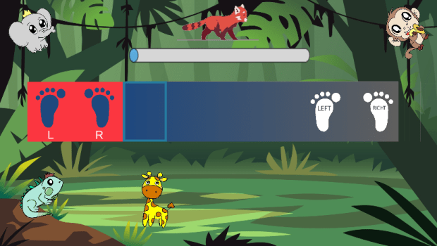 A screenshot of Singapore unlocked game view, with graphics of jungle background, cartoon animals, and a text prompt box with icon of feet on left and right side of box