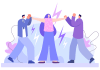 Kolme sinisävyistä ihmistä esittävää piirroshahmoa, laitimmaiset menossa nyrkit koholla kohti toisiaan ja keskellä hahmo pysäyttämässä tappelun.