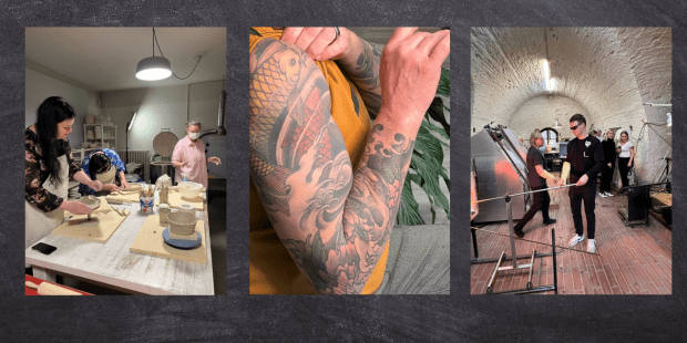 Kolmen kuvan kollaasissa vasemmalla tilannekuva savipajasta, keskellä lähikuva tatuoidusta käsivarresta ja oikealla tilannekuva lasipajasta.