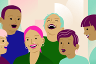 Graafinen, värikäs kuvitus kuuden naisoletetun hahmon yhteispotretista, suut hymyssä.