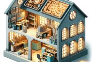 Tekoälyllä generoitu piirroskuva kaksikerroksisesta harjakattoisesta talosta, jonka aukinaisesta seinästä näkee nukkekotimaisesti sisälle, steampunk-henkisiä tietokoneita ja kalustusta.
